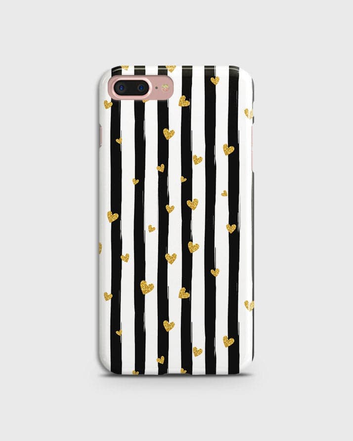 iPhone 7 Plus & iPhone 8 Plus - Trendy Black & White Lining With Golden Hearts Printed Hard Case With Life Time Colors Guarantee