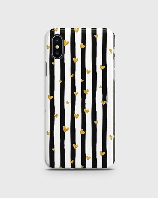 iPhone XS - Trendy Black & White Lining With Golden Hearts Printed Hard Case With Life Time Colors Guarantee