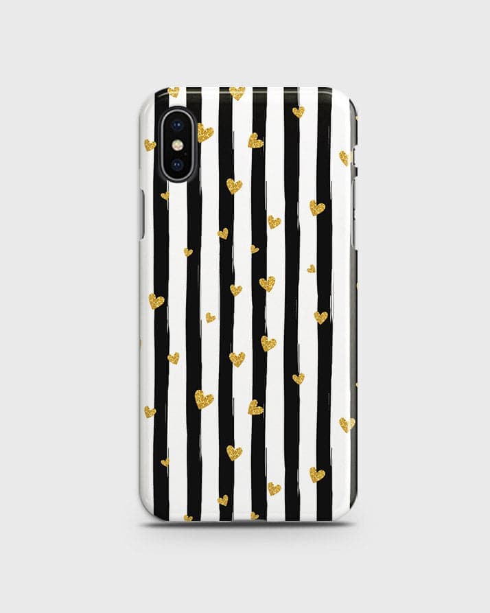 iPhone XS Max - Trendy Black & White Lining With Golden Hearts Printed Hard Case With Life Time Colors Guarantee