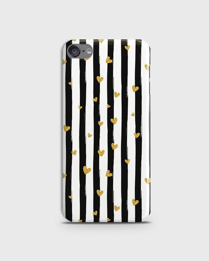 iPod Touch 6 - Trendy Black & White Lining With Golden Hearts Printed Hard Case With Life Time Colors Guarantee