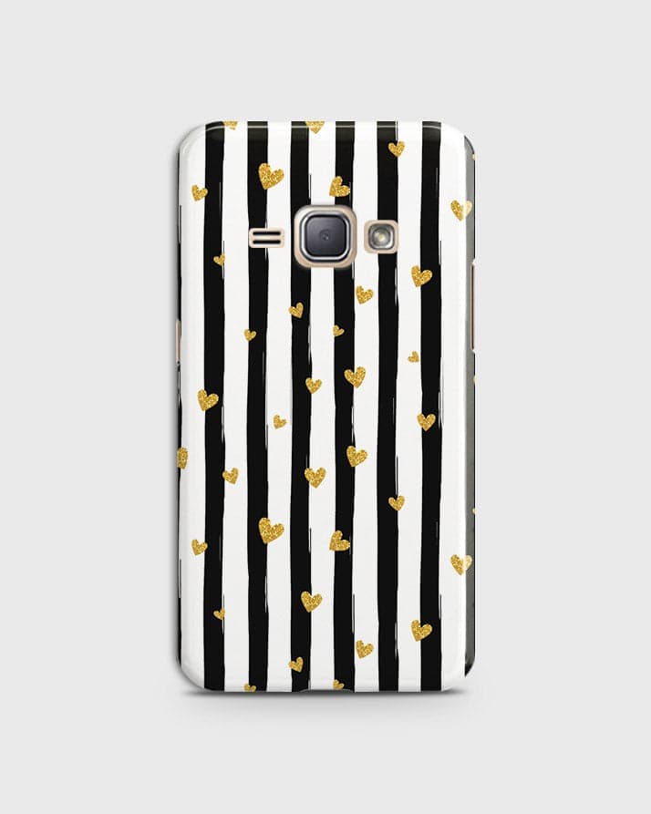 Samsung Galaxy J1 2016 / J120 - Trendy Black & White Lining With Golden Hearts Printed Hard Case With Life Time Colors Guarantee