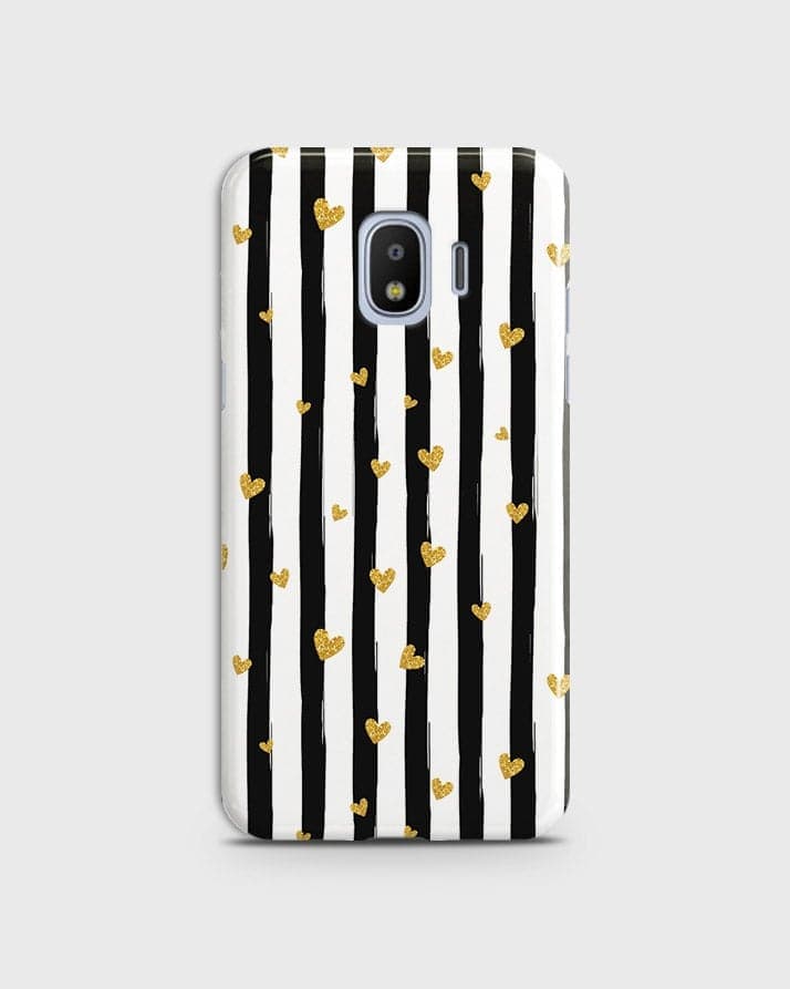 Samsung Galaxy J2 Pro 2018 - Trendy Black & White Lining With Golden Hearts Printed Hard Case With Life Time Colors Guarantee