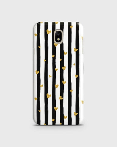 Samsung Galaxy J3 Pro - Trendy Black & White Lining  With Golden Hearts Printed Hard Case With Life Time Colors Guarantee
