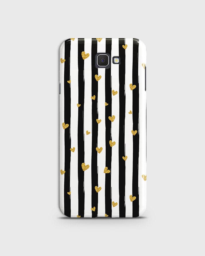 Samsung Galaxy J5 Prime - Trendy Black & White Lining With Golden Hearts Printed Hard Case With Life Time Colors Guarantee