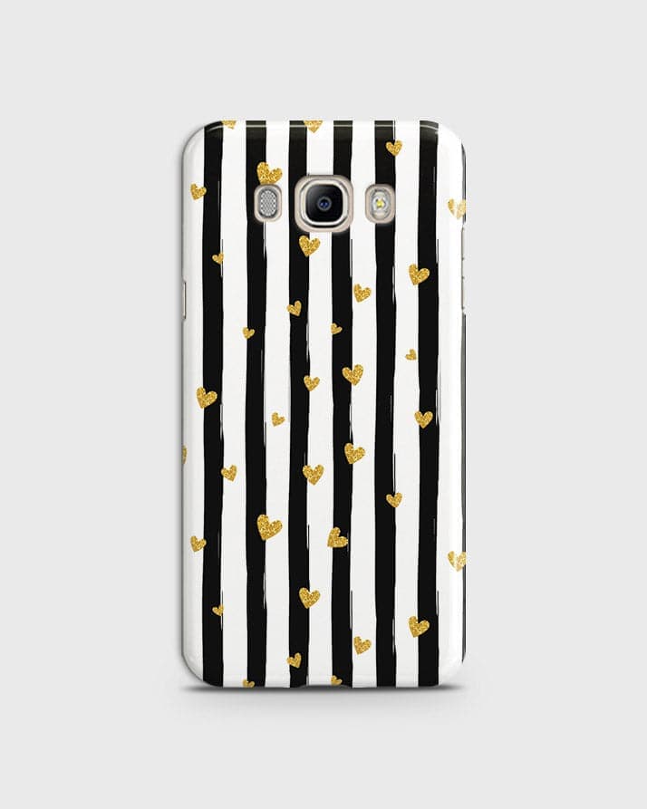 Samsung Galaxy J510 - Trendy Black & White Lining With Golden Hearts Printed Hard Case With Life Time Colors Guarantee