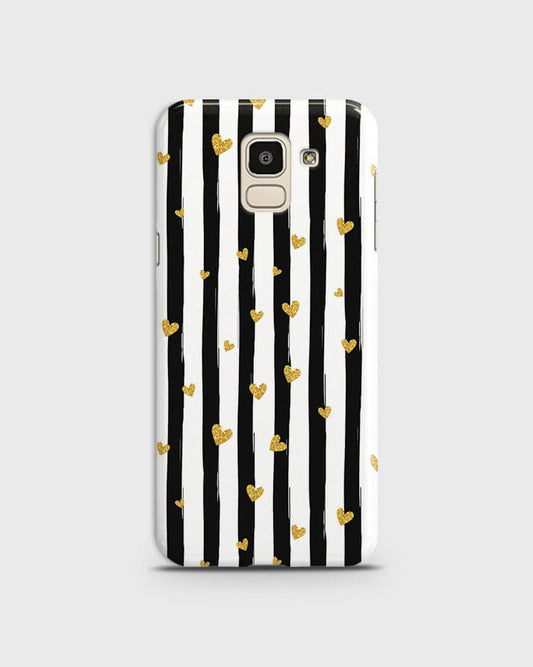 Samsung J6 2018 - Trendy Black & White Lining With Golden Hearts Printed Hard Case With Life Time Colors Guarantee