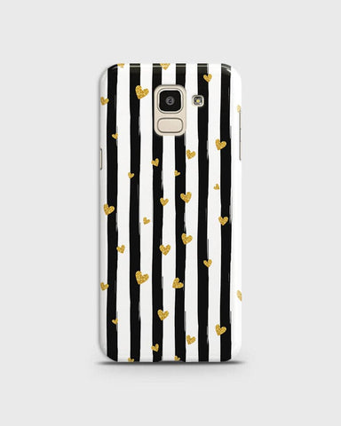 Samsung J6 2018 - Trendy Black & White Lining With Golden Hearts Printed Hard Case With Life Time Colors Guarantee