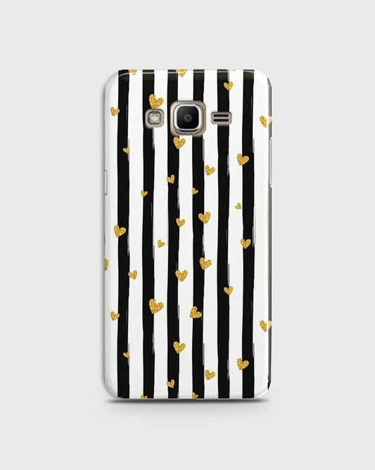 Samsung Galaxy J7 - Trendy Black & White Lining With Golden Hearts Printed Hard Case With Life Time Colors Guarantee