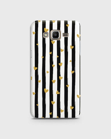 Samsung Galaxy J7 - Trendy Black & White Lining With Golden Hearts Printed Hard Case With Life Time Colors Guarantee