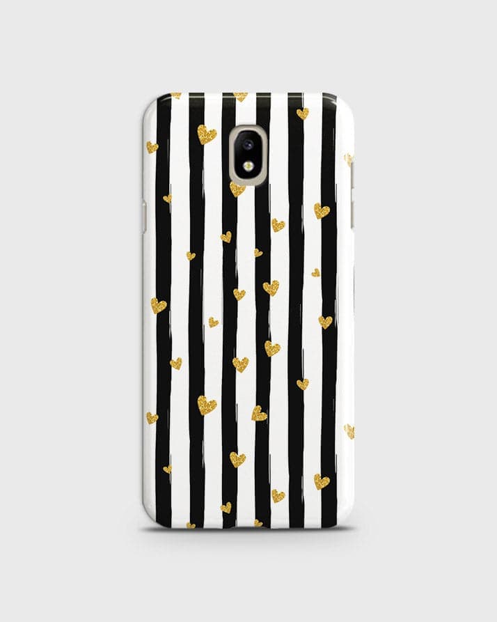 Samsung Galaxy J7 2017 - Trendy Black & White Lining With Golden Hearts Printed Hard Case With Life Time Colors Guarantee