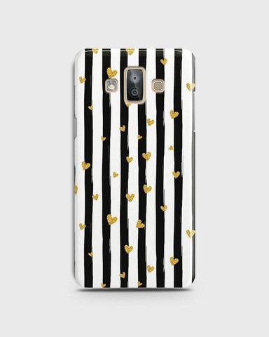 Samsung Galaxy J7 Duo - Trendy Black & White Lining With Golden Hearts Printed Hard Case With Life Time Colors Guarantee