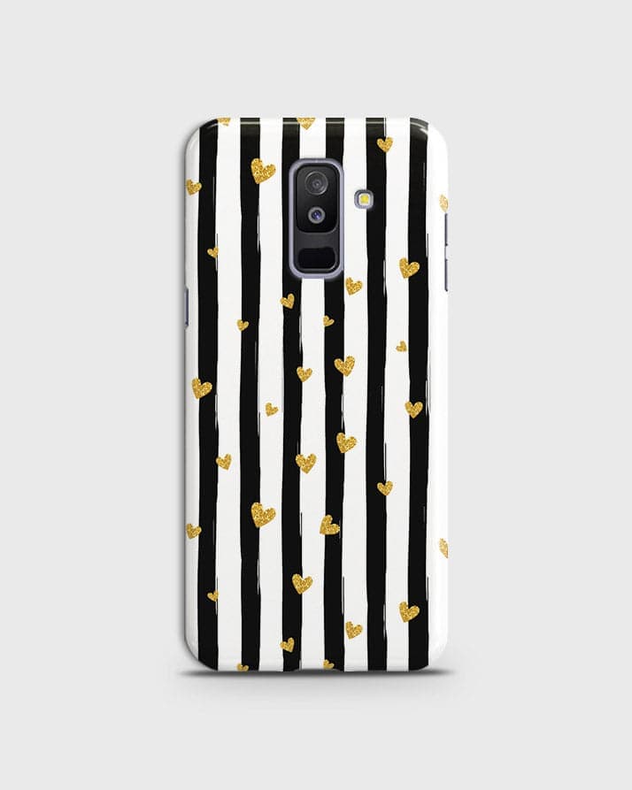 Samsung Galaxy J8 2018 - Trendy Black & White Lining With Golden Hearts Printed Hard Case With Life Time Colors Guarantee ( Fast Delivery )