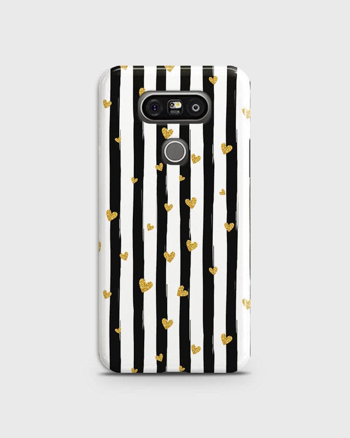 LG G5 - Trendy Black & White Lining With Golden Hearts Printed Hard Case With Life Time Colors Guarantee
