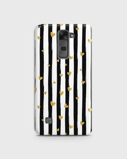LG Stylus 2 - Trendy Black & White Lining With Golden Hearts Printed Hard Case With Life Time Colors Guarantee