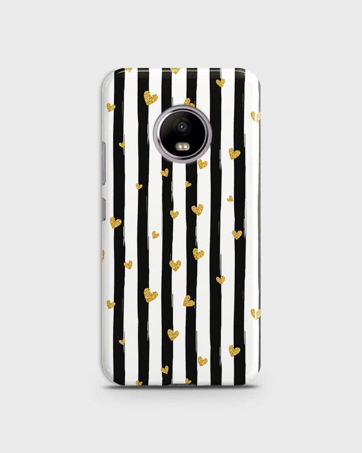 Motorola E4 Plus  - Trendy Black & White Lining With Golden Hearts Printed Hard Case With Life Time Colors Guarantee