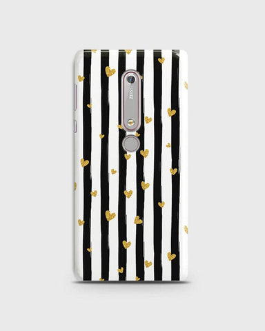 Nokia 6.1  - Trendy Black & White Lining With Golden Hearts Printed Hard Case With Life Time Colors Guarantee
