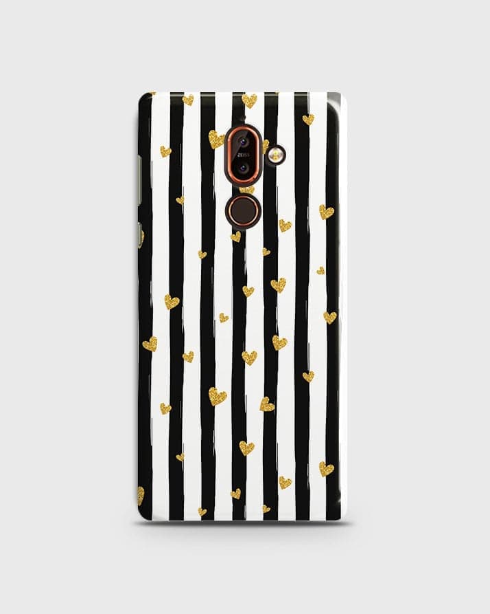 Nokia 7 Plus  - Trendy Black & White Lining With Golden Hearts Printed Hard Case With Life Time Colors Guarantee b57