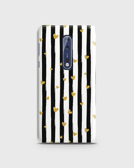 Nokia 8  - Trendy Black & White Lining With Golden Hearts Printed Hard Case With Life Time Colors Guarantee b55