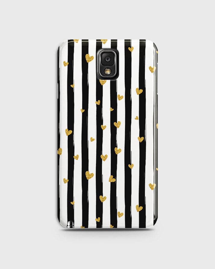 Samsung Galaxy Note 3 - Trendy Black & White Lining With Golden Hearts Printed Hard Case With Life Time Colors Guarantee