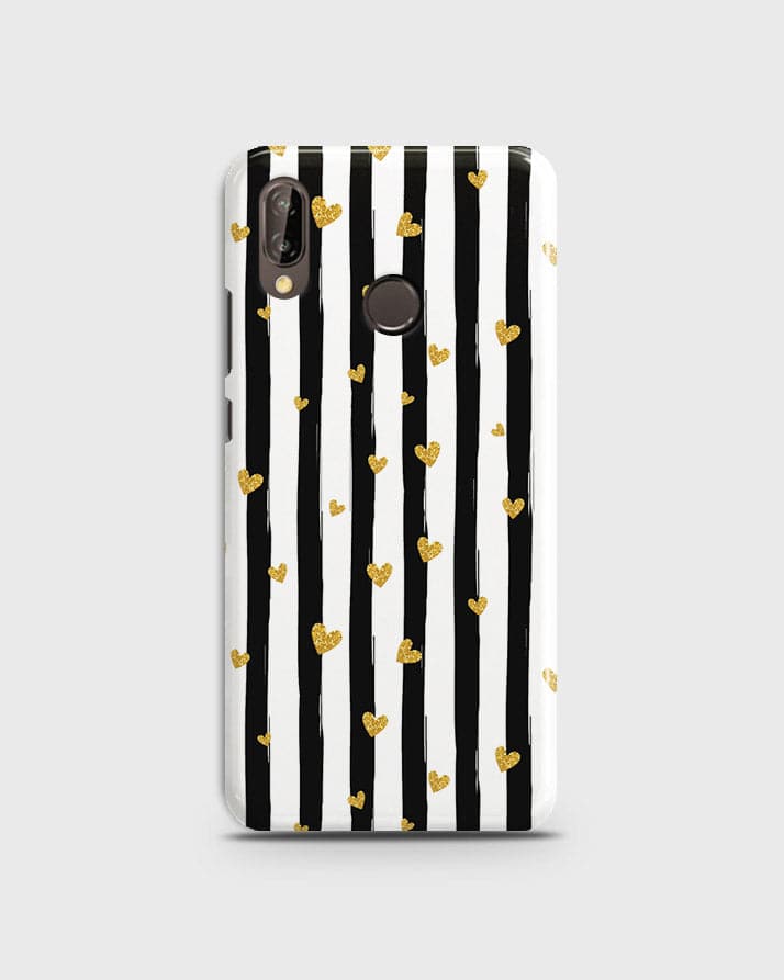 Huawei Nova 3 - Trendy Black & White Lining With Golden Hearts Printed Hard Case With Life Time Colors Guarantee