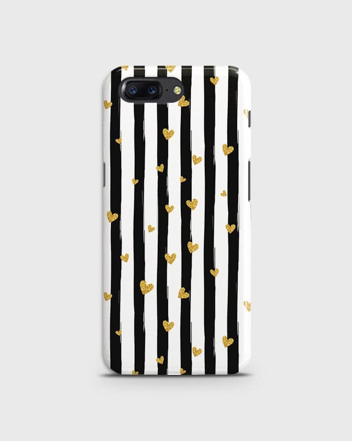 OnePlus 5  - Trendy Black & White Lining With Golden Hearts Printed Hard Case With Life Time Colors Guarantee