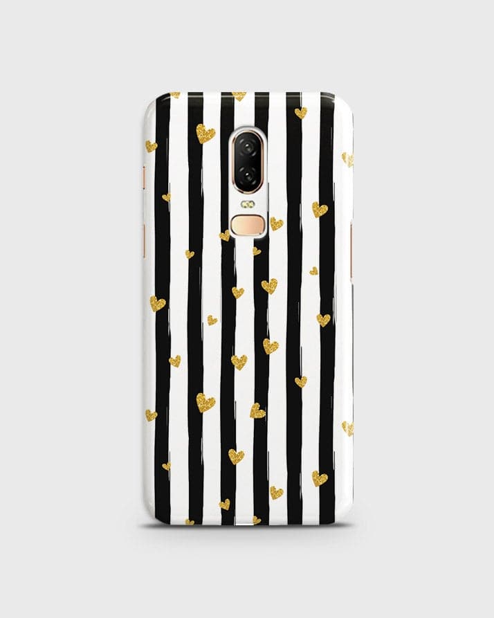 OnePlus 6  - Trendy Black & White Lining With Golden Hearts Printed Hard Case With Life Time Colors Guarantee