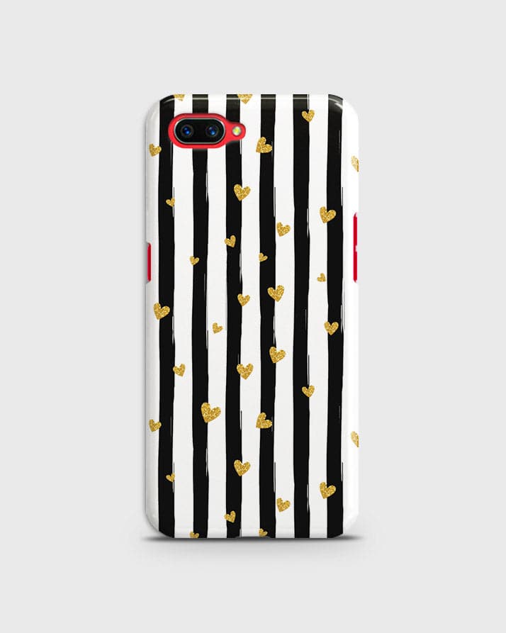Oppo A3S - Trendy Black & White Lining With Golden Hearts Printed Hard Case With Life Time Colors Guarantee