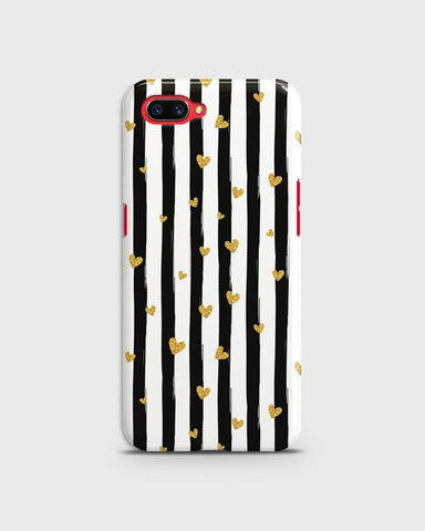 Oppo A5 - Trendy Black & White Lining With Golden Hearts Printed Hard Case With Life Time Colors Guarantee