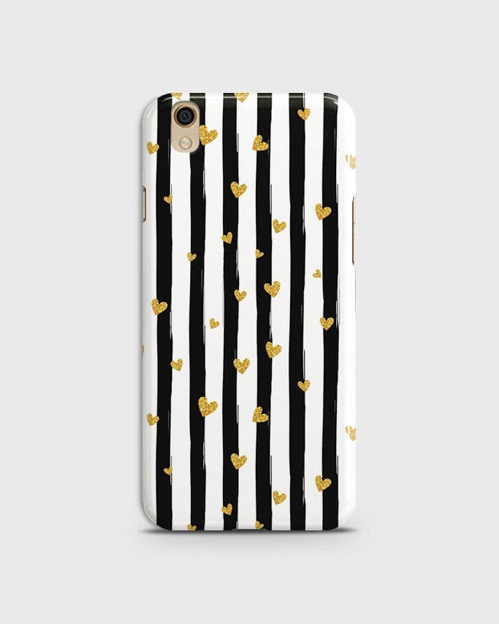 Oppo F1 Plus / R9 - Trendy Black & White Lining With Golden Hearts Printed Hard Case With Life Time Colors Guarantee