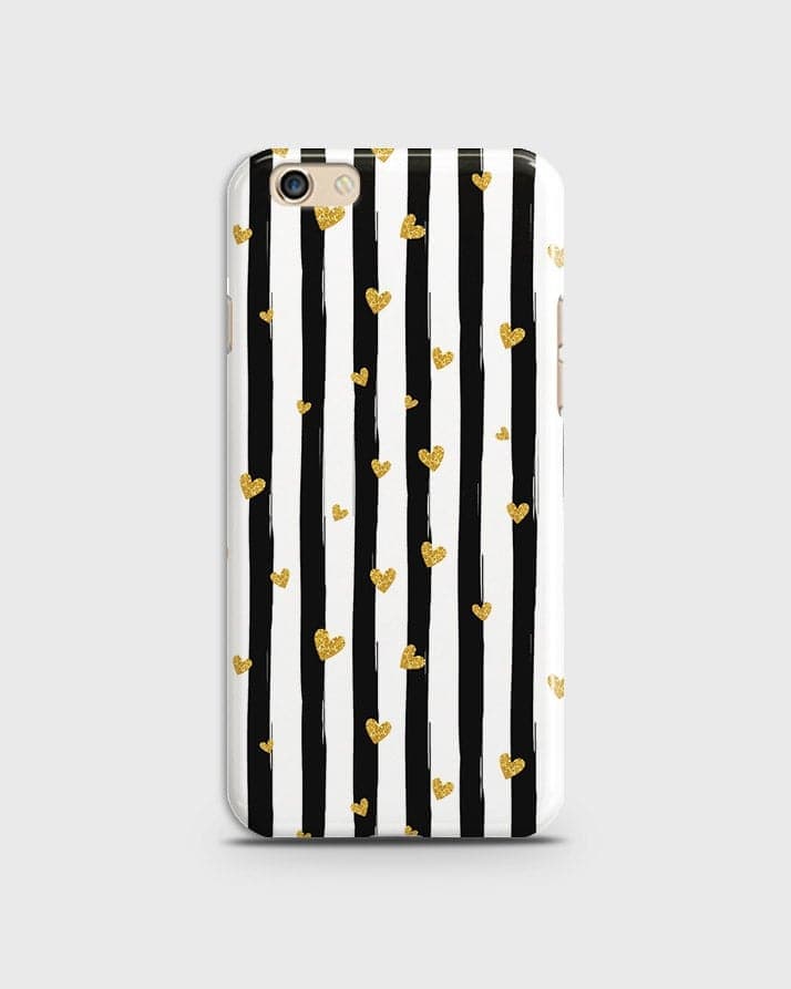 Oppo F1S - Trendy Black & White Lining With Golden Hearts Printed Hard Case With Life Time Colors Guarantee