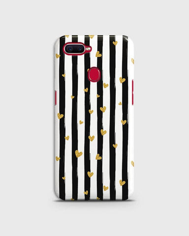 Oppo F9 Pro - Trendy Black & White Lining With Golden Hearts Printed Hard Case With Life Time Colors Guarantee