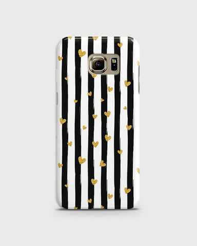 Samsung Galaxy S6 Edge - Trendy Black & White Lining With Golden Hearts Printed Hard Case With Life Time Colors Guarantee b65