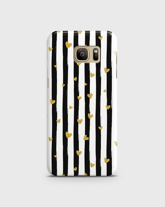 Samsung Galaxy S7 Edge - Trendy Black & White Lining With Golden Hearts Printed Hard Case With Life Time Colors Guarantee