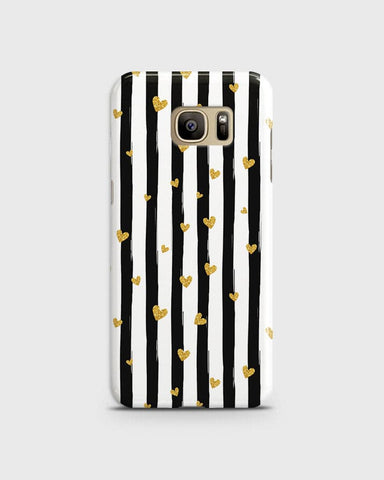 Samsung Galaxy S7 Edge - Trendy Black & White Lining With Golden Hearts Printed Hard Case With Life Time Colors Guarantee