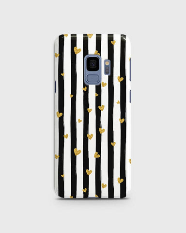 Samsung Galaxy S9 - Trendy Black & White Lining With Golden Hearts Printed Hard Case With Life Time Colors Guarantee