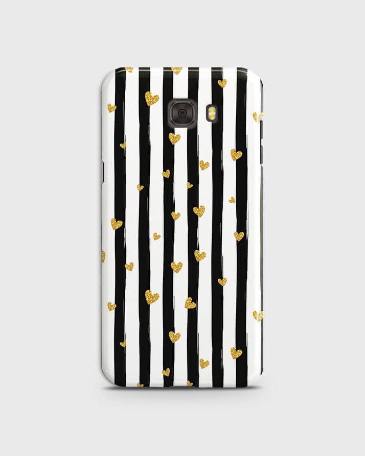 Samsung C7 Pro - Trendy Black & White Lining With Golden Hearts Printed Hard Case With Life Time Colors Guarantee