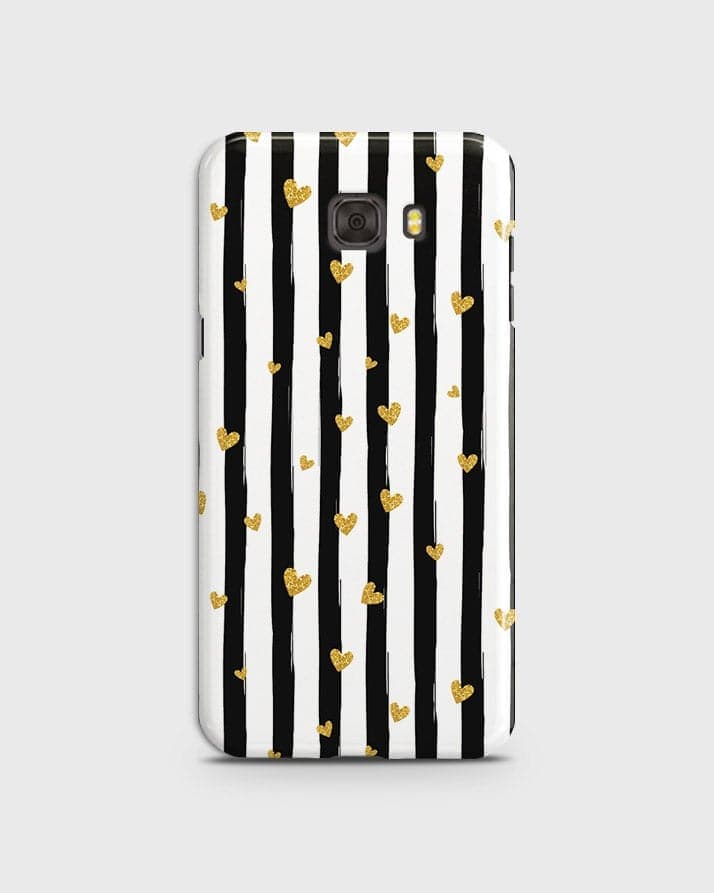 Samsung C9 Pro - Trendy Black & White Lining With Golden Hearts Printed Hard Case With Life Time Colors Guarantee  B73