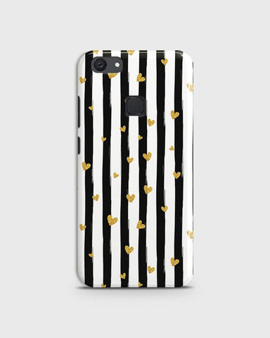 Vivo V7 Plus  - Trendy Black & White Lining With Golden Hearts Printed Hard Case With Life Time Colors Guarantee