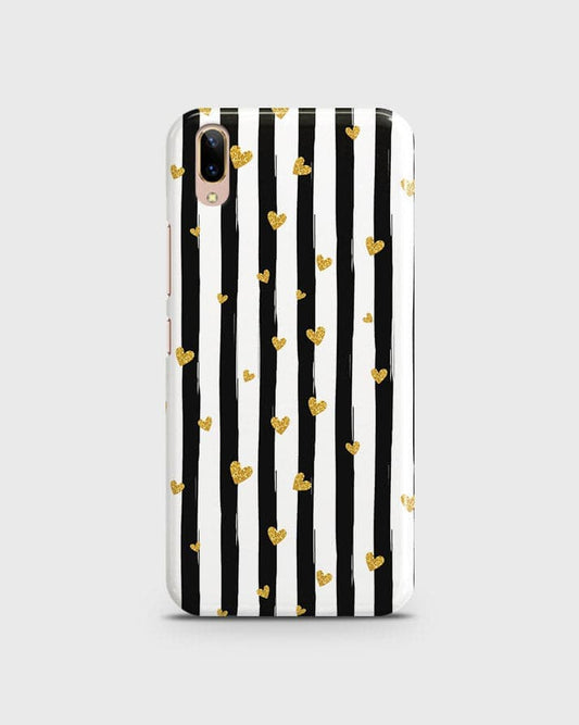 Vivo V11 Pro  - Trendy Black & White Lining With Golden Hearts Printed Hard Case With Life Time Colors Guarantee