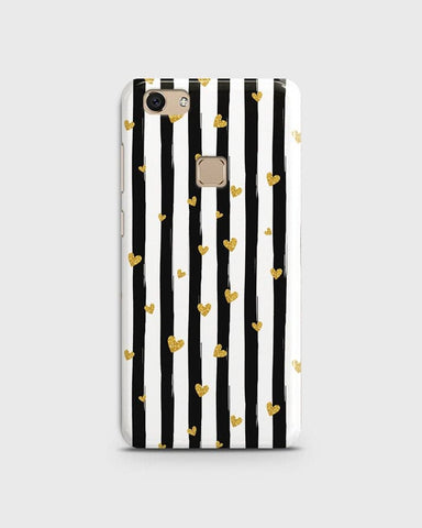 Vivo V7 - Trendy Black & White Lining With Golden Hearts Printed Hard Case With Life Time Colors Guarantee