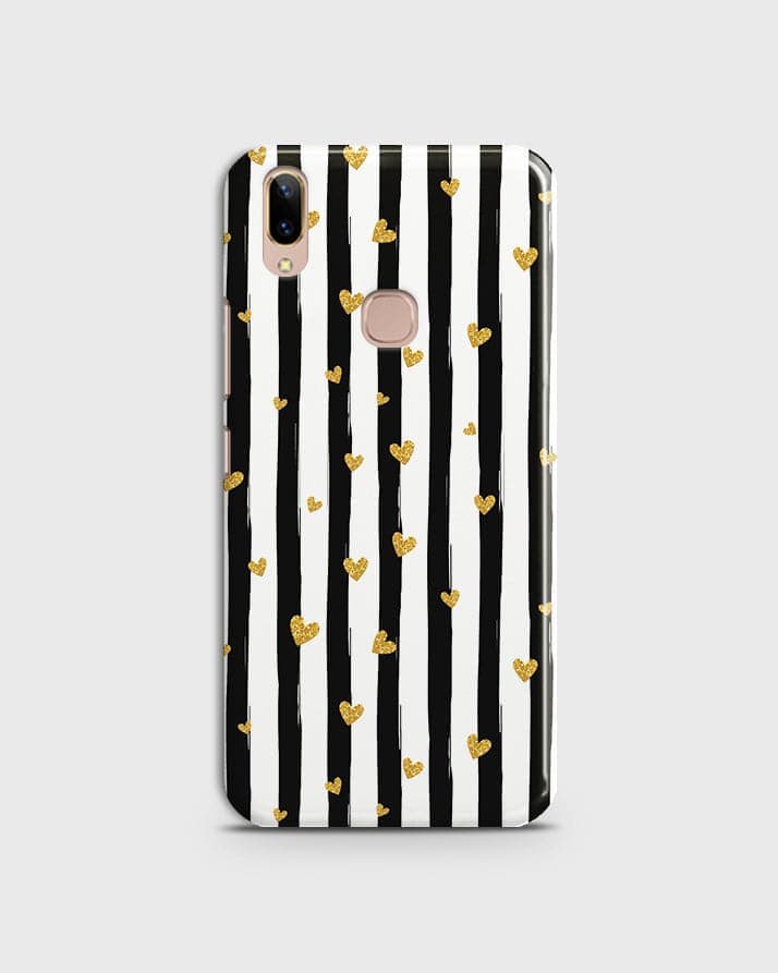 Vivo V9 / V9 Youth  - Trendy Black & White Lining With Golden Hearts Printed Hard Case With Life Time Colors Guarantee