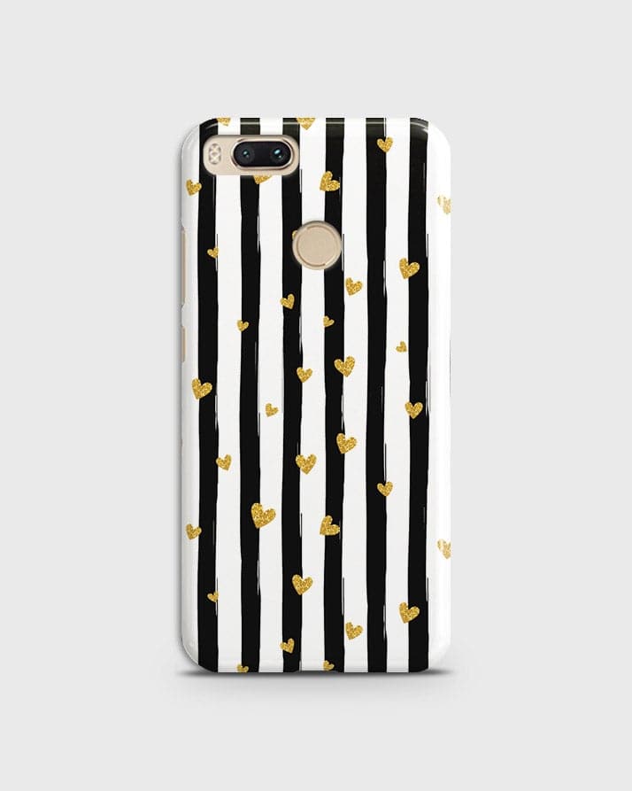Xiaomi Redmi Note 5A  - Trendy Black & White Lining With Golden Hearts Printed Hard Case With Life Time Colors Guarantee