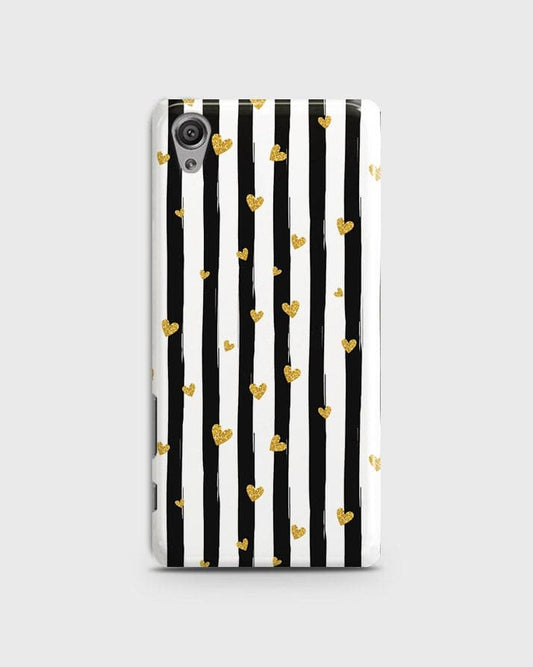 Sony Xperia XA  - Trendy Black & White Lining With Golden Hearts Printed Hard Case With Life Time Colors Guarantee
