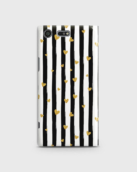 Sony Xperia XZ Premium  - Trendy Black & White Lining With Golden Hearts Printed Hard Case With Life Time Colors Guarantee