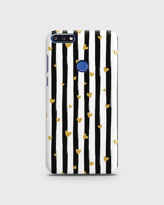 Huawei Y7 Prime 2018 - Trendy Black & White Lining With Golden Hearts Printed Hard Case With Life Time Colors Guarantee