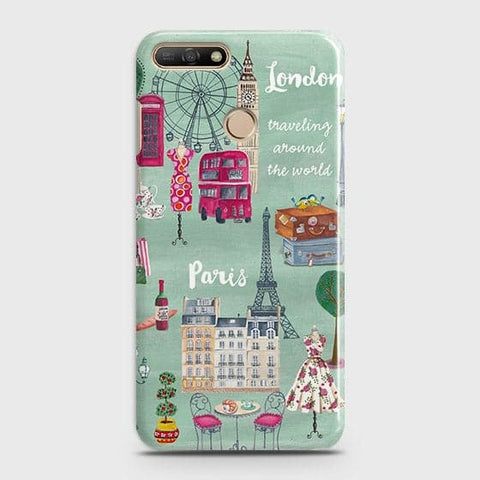 Huawei Y7 2018 Cover - Matte Finish - London, Paris, New York Modern Printed Hard Case Life Time Colors Guarantee
