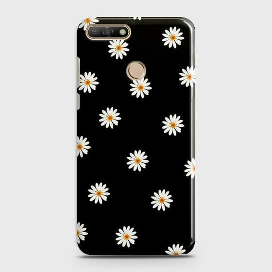 Huawei Y7 2018 Cover - Matte Finish - White Bloom Flowers with Black Background Printed Hard Case With Life Time Colors Guarantee b-70