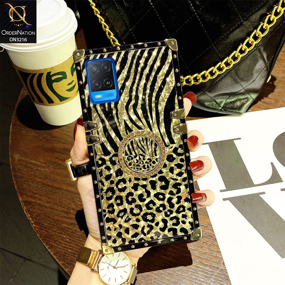 Oppo A54 4G Cover - Design1 - Trendy Stripes Pattern Golden Square Case With Matching Bling Ring Holder