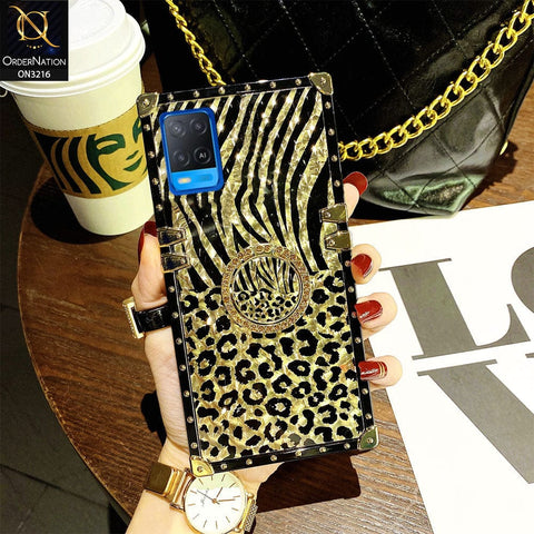 Oppo A54 4G Cover - Design1 - Trendy Stripes Pattern Golden Square Case With Matching Bling Ring Holder
