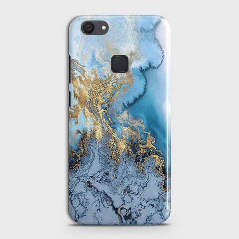 Vivo V7 Plus - Trendy Golden & Blue Ocean Marble Printed Hard Case with Life Time Colors Guarantee